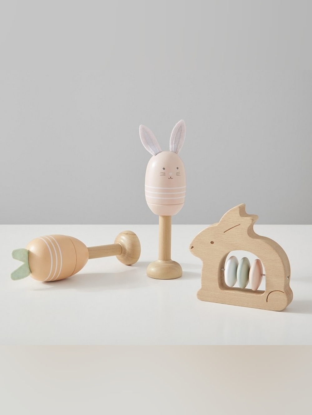 Pottery Barn Kids 3 Piece Set Bunny Maraca & Jingle Wooden Set